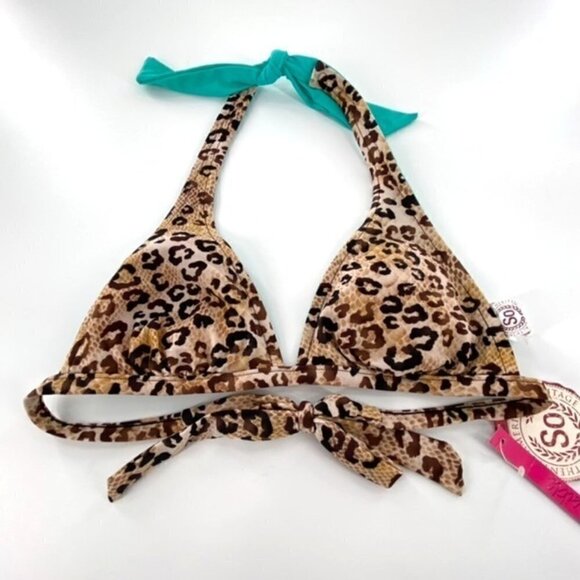 Reversible Halter Tie Bikini Top Junior Sz S Tan Black Animal Print Teal FLAW - Picture 4 of 15